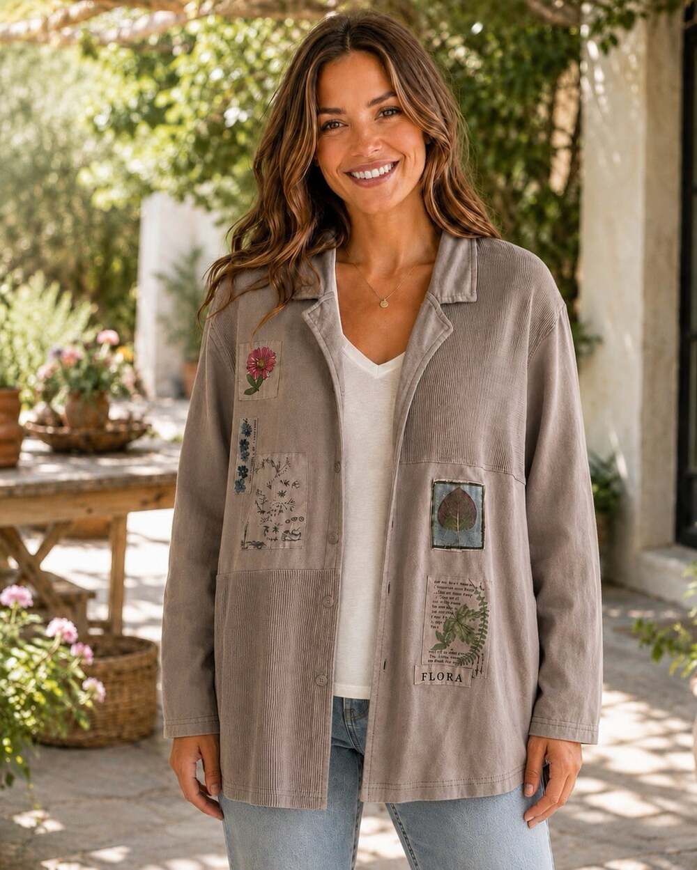 Vintage Patchwork Botanical Jacket L Floral Shacket Boho Button Shirt Jacket
